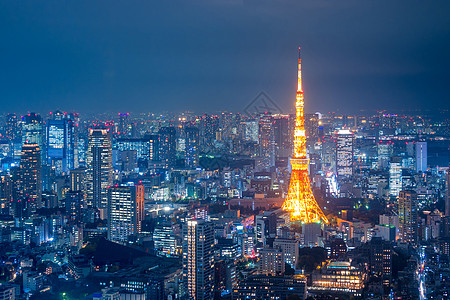 东京塔和东京城市景色的空中观察 从罗蓬吉山在晚上天空原宿摩天大楼地标观光日落办公室景观天线住宅图片