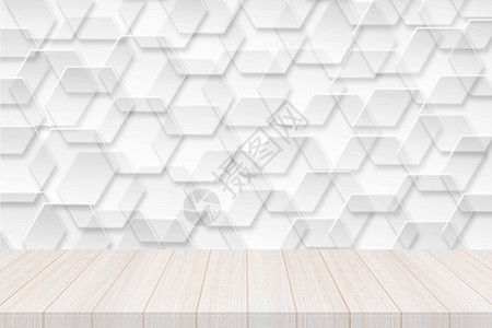 带透明背景的六边形横幅的透视白木桌面图片