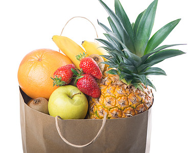 纸质杂货袋中的水果和蔬菜 在白色上隔绝条款胡椒橙子洋葱生产零售营养店铺购物市场图片