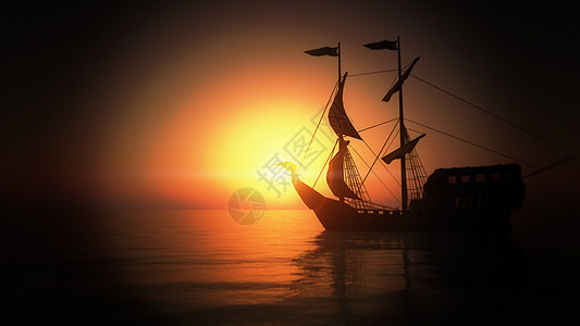海上夕阳下的旧船海盗运输帆船舰队海洋航行蓝色反射旅行船舶图片