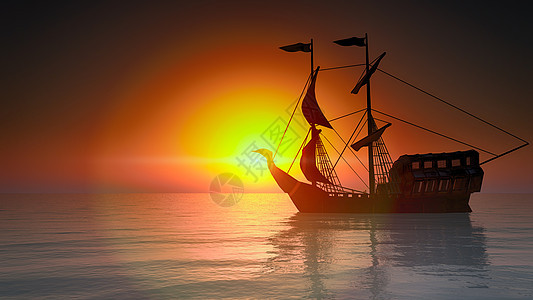 海上夕阳下的旧船海盗插图航行巡航太阳日落帆船舰队海洋蓝色图片