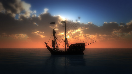 海上夕阳下的旧船船舶舰队旅行海洋反射太阳帆船运输日落全景图片