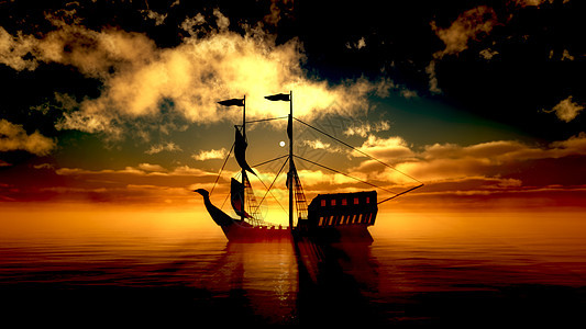 海上夕阳下的旧船太阳旅行帆船反射插图蓝色日落航行船舶海盗图片