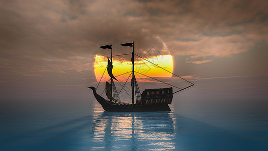 海上夕阳下的旧船海洋航行帆船插图蓝色巡航船舶日落海盗舰队图片