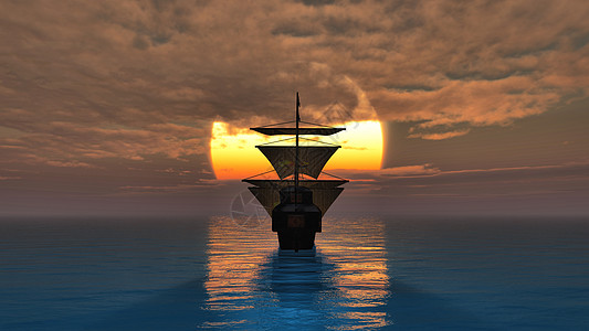 嫦娥下帆海上夕阳下的旧船插图海盗全景太阳舰队航行巡航蓝色船舶旅行背景