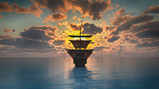 海上夕阳下的旧船海洋反射航行海盗旅行蓝色插图太阳舰队巡航图片