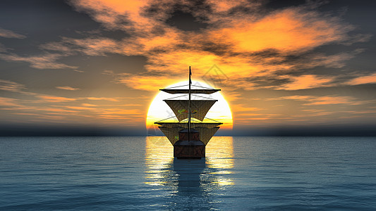 海上夕阳下的旧船海洋海盗帆船全景船舶航行巡航蓝色日落反射图片