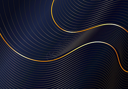 深蓝色背景豪华风格上抽象闪亮的金色波浪曲线图案图片