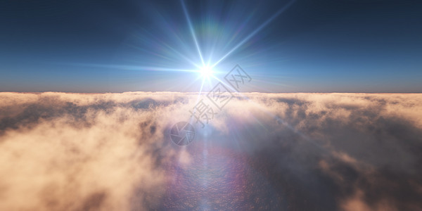 云层之上的海洋日落 3d rende反射天空天线晴天阳光旅行美丽太阳蓝色航班图片