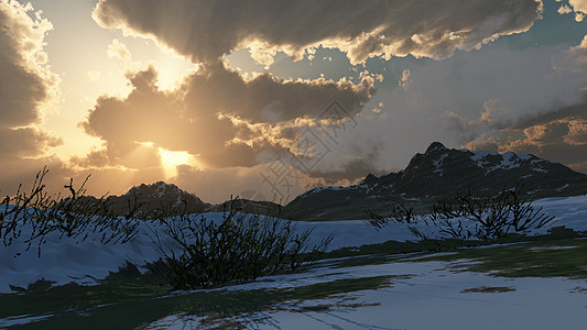 雪后风景在冬天 sunse 的山风景雾凇太阳旅行全景场景日落天空降雪暴风雪水彩背景