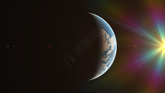 从行星轨道 3d 它制作图案的日出地平线世界星系日落气氛蓝色天空太阳运动宇宙图片
