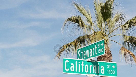 在十字路口的加利福尼亚街道路标 十字路口路标上的文字 夏季旅行和假期的象征 美国旅游目的地 洛杉矶附近城市名牌上的文字 101 图片