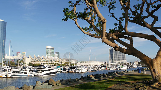 美国加利福尼亚州圣地亚哥海港村附近的 USS 中途岛和会议中心附近的码头公园 大珊瑚树 豪华游艇和酒店 大都市天际线和高层摩天大图片