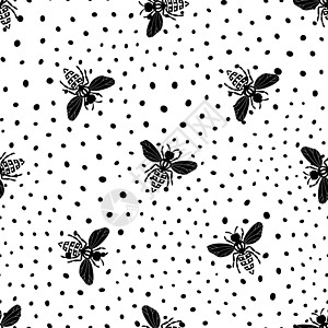 与蜜蜂在圆点背景上的无缝模式 可爱的卡通黄蜂角色 邀请函 卡片 纺织品 织物的模板设计 平面样式 黑白矢量股票插图艺术荒野质量野图片