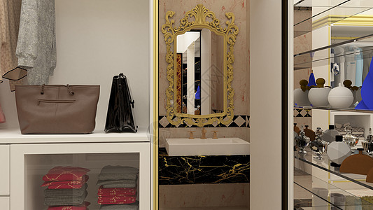 3d 使I说明式典型的行走衣柜 白色 黑色和金色主题经典组合房间空间封面梳妆台衣帽间款式橱柜镜框玻璃建筑学图片