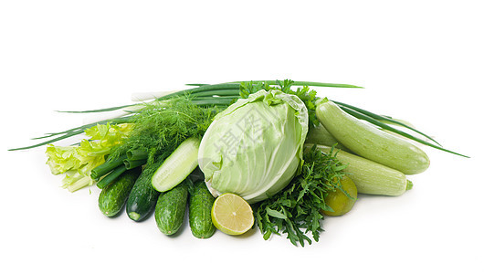 以白色隔离的生多汁绿色蔬菜构成的成分图片