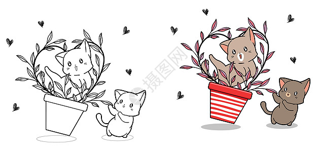花瓶卡通着色页内有心藤的可爱猫咪小猫绘画彩页艺术染色涂鸦填色成人婴儿打印图片