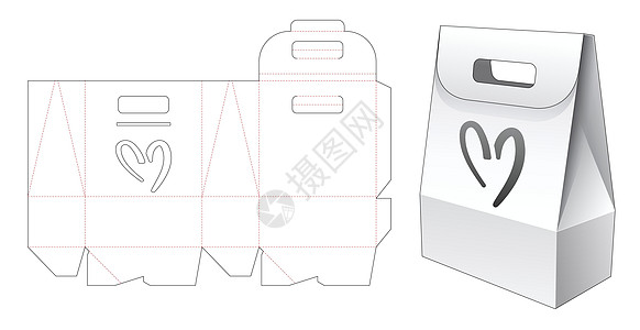 带有心形窗口模切模板的纸板提手袋包装插图糖果贮存卡片礼物木板产品商品蓝图食物图片