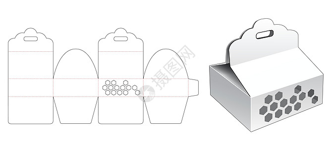 带孔和六边形窗口模切模板的纸板包装盒插图模切零售食物礼物糖果展示卡片枕头贮存图片