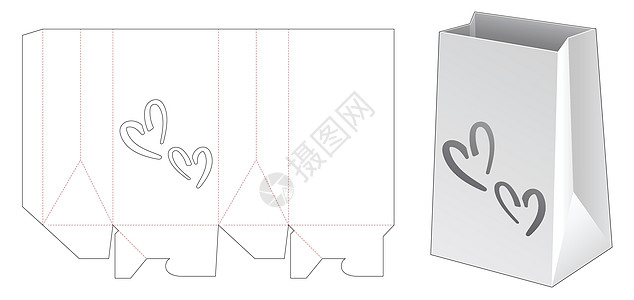 带 2 个心形窗口模切模板的纸板购物袋模切糖果贮存产品展示枕头蓝图礼物商业插图图片
