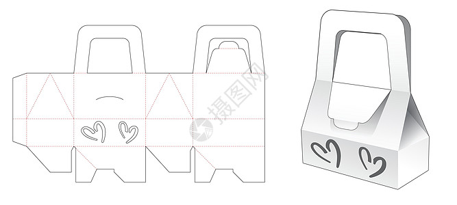 带 2 个心形窗口模切模板的提手袋盒产品卡片商业盒子商品礼物食物木板零售蓝图图片