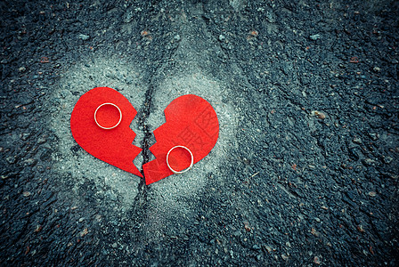 离婚概念-破碎的心与破裂的沥青上的结婚戒指 语气图片