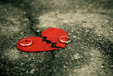 离婚概念 — 碎裂的沥青上带着结婚戒指的心碎图片