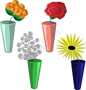 有不同的花瓶和花的小集合制品曲线玻璃打印邀请函玫瑰插图卡通片绘画花盆图片