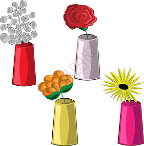 有不同的花瓶和花的小集合滚动玻璃植物瓶子打印制品艺术雏菊玫瑰卡片图片