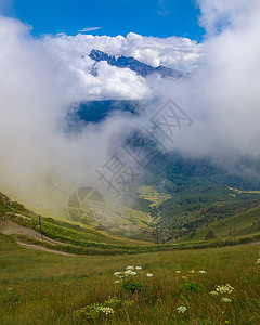 高加索山脉的风景 云层从山峰降下图片