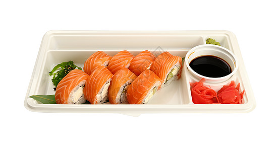 白的拿掉三文鱼寿司卷大豆食物筷子美食托盘白色美味塑料服务图片