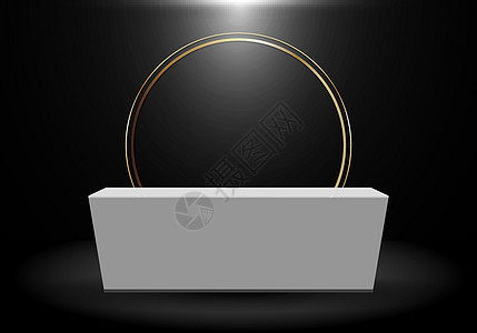 3D 渲染逼真的黑色产品货架站立背景与金色圆圈空白白色基座讲台显示在深色背景上图片