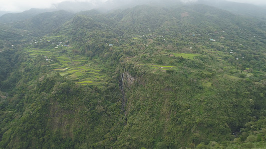 山区的稻田森林绿色爬坡顶峰天空阳台地区鸟瞰图瀑布植物图片