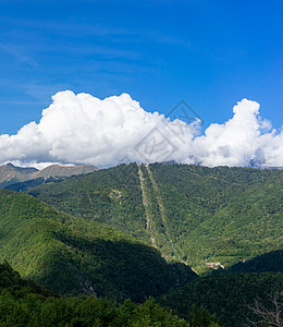 蓝色天空下美丽的山地风景和云彩的青蓝天空背景海拔旅游绿色地形树木领土旅行图片