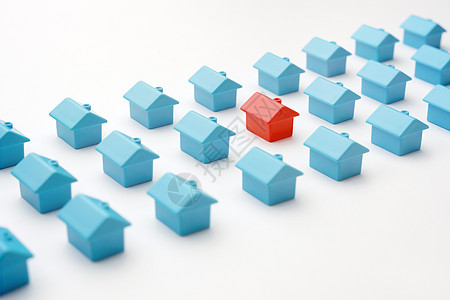 微型红色模型家不同于小组蓝色玩具同类型房子在白色 村舍选择楼盘或楼市或城区设计按揭买房选择背景图片