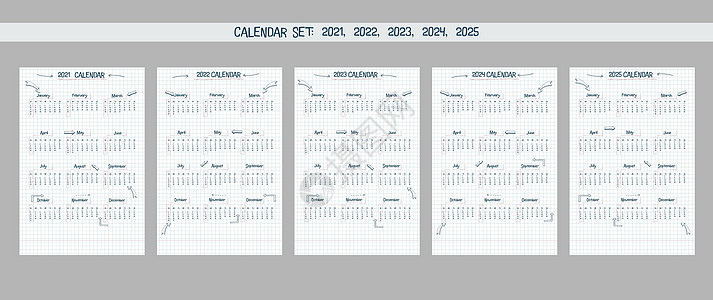 日历集 2021 2022 2023 2024 2025 手绘字体类型文本和元素学校笔记样式方格笔记本表与线条箭头和框架图片