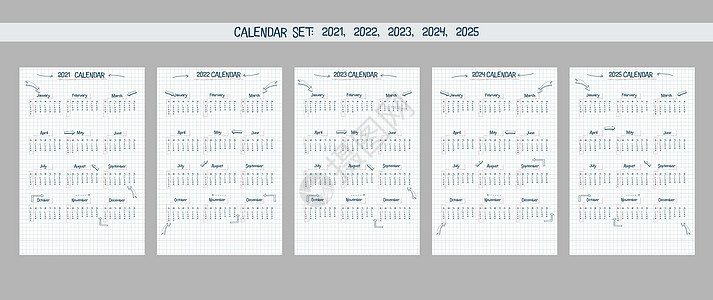 日历集 2021 2022 2023 2024 2025 手绘字体类型文本和元素学校笔记样式方格笔记本表与线条箭头和框架背景图片