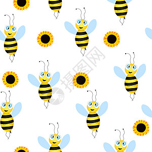 与蜜蜂和向日葵在白色背景上的无缝模式 小黄蜂 平面矢量图 可爱的卡通人物 邀请函 卡片 纺织品 织物的模板设计 涂鸦风格图片