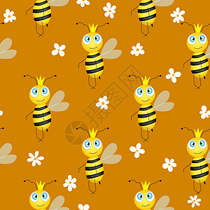 棕色背景上有蜜蜂和鲜花的无缝图案 矢量图 可爱的卡通人物 邀请函 卡片 纺织品 织物的模板设计 涂鸦风格学校孩子们幼儿园教育花朵图片