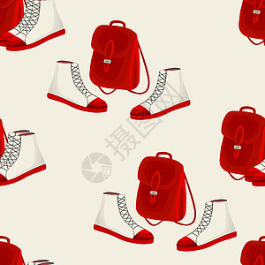 与背包和靴子的平面样式的无缝模式 皮包和皮鞋 适合小学生 学生 休闲风格的女孩的秋季时尚配饰 织物 纺织品 海报的矢量插图书包收图片