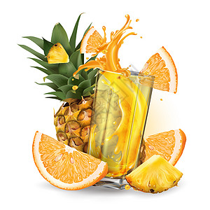 菠萝 橙色和一杯果汁喷洒营养厨房飞溅味道水果美食饮食热带插图玻璃图片