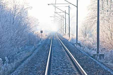 霜冻景观视图中的铁路轨道全景交通旅行小路风景乡村农村火车危险土地图片