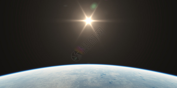 从行星轨道风景的日出辉光蓝色天空星系日落地平线阳光镜片耀斑太阳图片