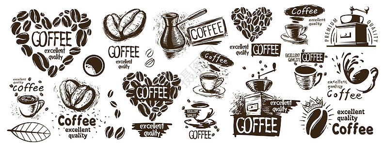 星巴克咖啡店一组大矢量的抽画标识和咖啡元素店铺绘画打印咖啡店手绘杯子标签豆子插图草图插画