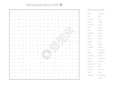 情人节字谜填字游戏  在脑力劳动拼图中找到列出的关于爱情的单词 英语注意力测试谜语游戏 单词位于前方和下方活动闲暇挑战语言拥抱工图片