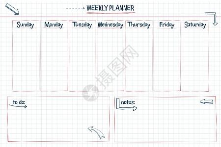 每周计划和待办事项列表 手绘风格字体类型文本和元素学校笔记方格笔记本表与线条箭头和框架图片