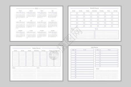 经典严谨风格的 2021 年日历和每日每周每月个人计划日记模板 商务笔记本的月历个人日程极简主义约束设计图片