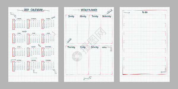 一套 2021 年日历周计划和待办事项列表 手绘字体类型文本和元素学校笔记样式方格笔记本表与线条箭头和框架图片