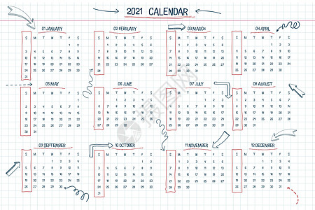 2021 年日历手绘文本学校笔记样式方格笔记本表 带有线条箭头和框架 星期从星期日开始 具有一手拉字体类型和元素的挂历设计理念图片