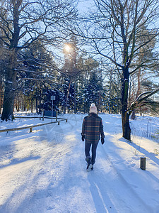 荷兰冬季天气期间由在荷兰覆盖的自然公园积雪农村蓝色森林女士天空远足自然保护区小路荒野地面图片